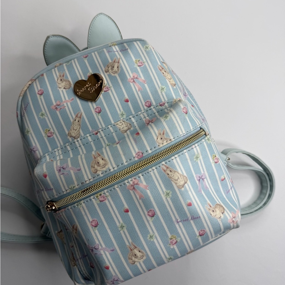 Secret Door Backpack Womens Mini Blue Bunny Stripe Faux Leather Rabbit Print